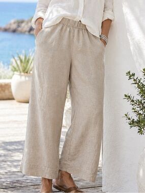 Pure Jill 100% Linen Trapunto Stitch Pull On Pants Large Khaki Neutral Relaxed